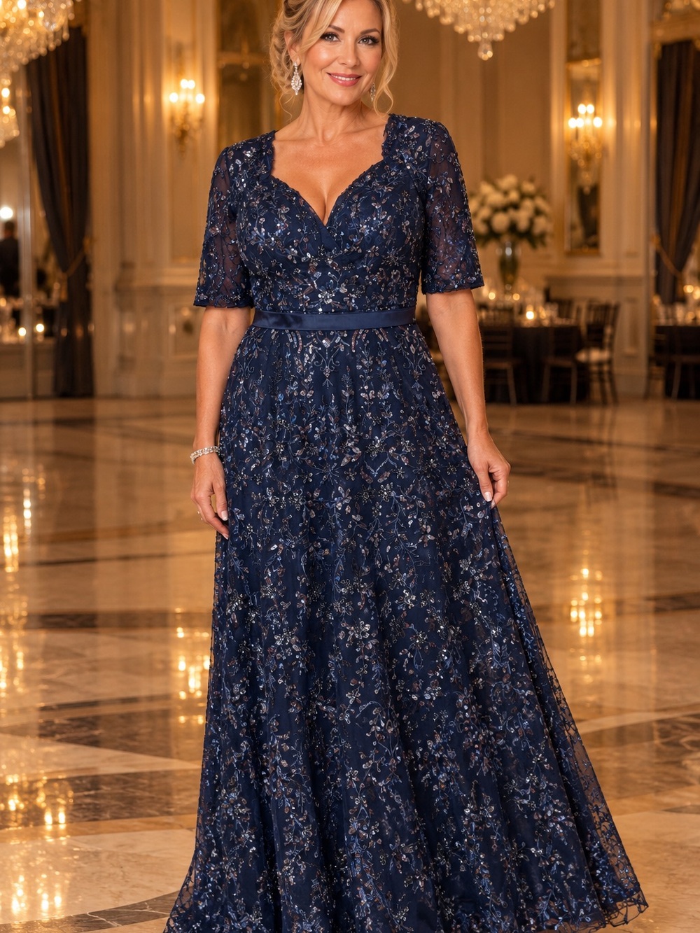 Elegant Navy Beaded Evening Gown